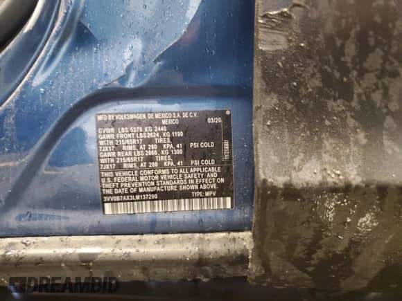 2020 Volkswagen Tiguan S с VIN 3VV0B7AX3LM137290, выставлен на аукционе Copart как лот 66576785 с пробегом 39 155 миль миль и Списание • Salvage title. История ставок и продаж доступна на DreamBid. Изображение 13.