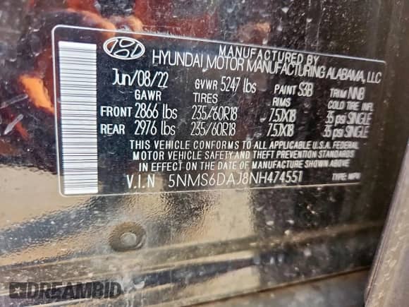 2022 Hyundai Santa Fe XRT with VIN 5NMS6DAJ8NH474551, listed as a Copart auction lot 69476765 with 30,752 mi miles and Salvage title. Bid and sale history available at DreamBid. Image 13.