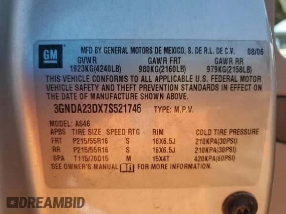 2007 Chevrolet HHR LT with VIN 3GNDA23DX7S521746, listed as a Copart auction lot 63184165 with 191,934 mi miles and Salvage title. Bid and sale history available at DreamBid. Image 12.