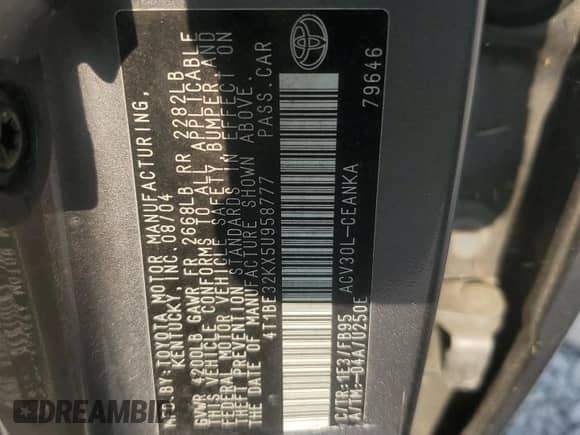 2005 Toyota Camry STD с VIN 4T1BE32KX5U958777, выставлен на аукционе Copart как лот 81026455 с пробегом 276 017 миль миль и Чистый • Clean title. История ставок и продаж доступна на DreamBid. Изображение 12.
