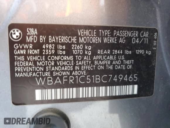 2011 BMW 5 Series 528i с VIN WBAFR1C51BC749465, выставлен на аукционе Copart как лот 71463415 с пробегом 135 313 миль миль и Списание • Salvage title. История ставок и продаж доступна на DreamBid. Изображение 12.