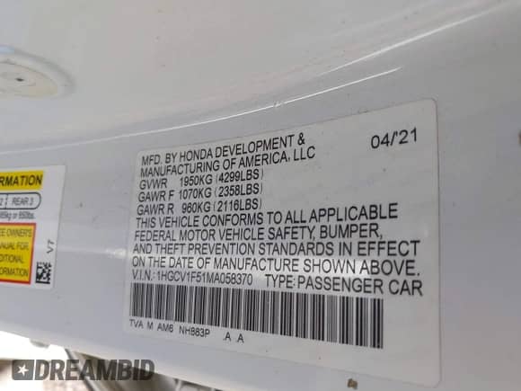 2021 Honda Accord EX-L z VIN 1HGCV1F51MA058370, wystawiony jako IAAI lot #43400790 z przebiegiem 75 117 mil mil oraz . Historia ofert i sprzedaży dostępna na DreamBid. Obrazek 9.