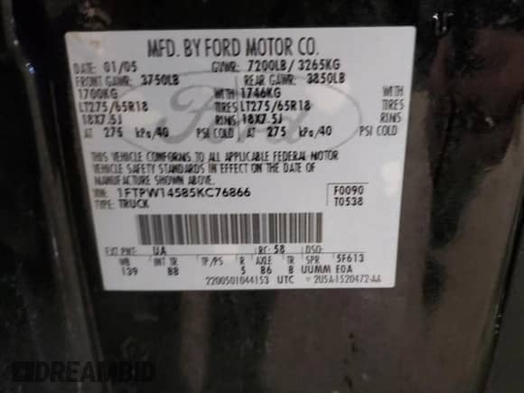 2005 Ford F-150 XLT z VIN 1FTPW14585KC76866, wystawiony jako Copart lot #86074304 z przebiegiem 240 965 mil mil oraz Nie do naprawy • Non repairable. Historia ofert i sprzedaży dostępna na DreamBid. Obrazek 12.