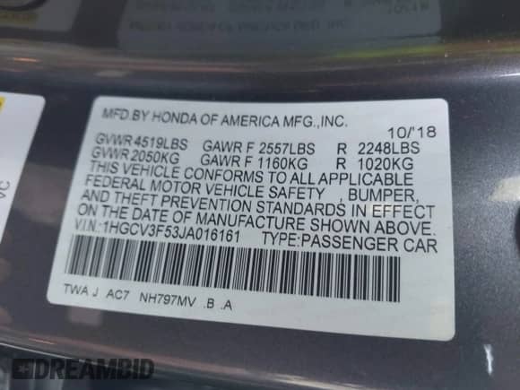 2018 Honda Accord EX-L with VIN 1HGCV3F53JA016161, listed as a IAAI auction lot 42006637 with 95,762 mi miles and . Bid and sale history available at DreamBid. Image 9.