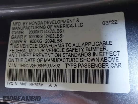 2022 Honda Accord Touring with VIN 1HGCV2F96NA007392, listed as a IAAI auction lot 43169966 with 36,642 mi miles and . Bid and sale history available at DreamBid. Image 9.