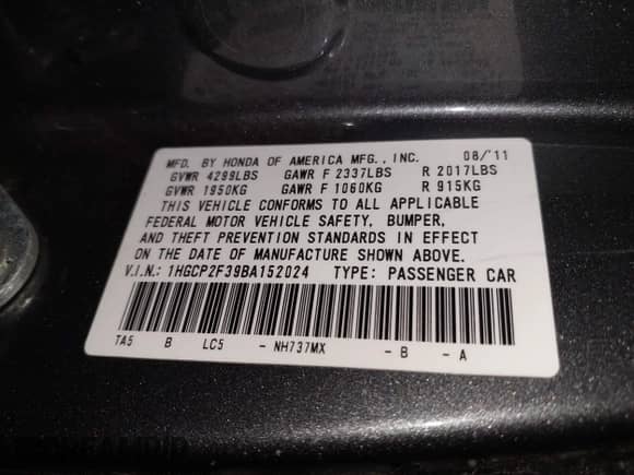 2011 Honda Accord LX z VIN 1HGCP2F39BA152024, wystawiony jako IAAI lot #43154335 z przebiegiem 161 457 mil mil oraz . Historia ofert i sprzedaży dostępna na DreamBid. Obrazek 9.