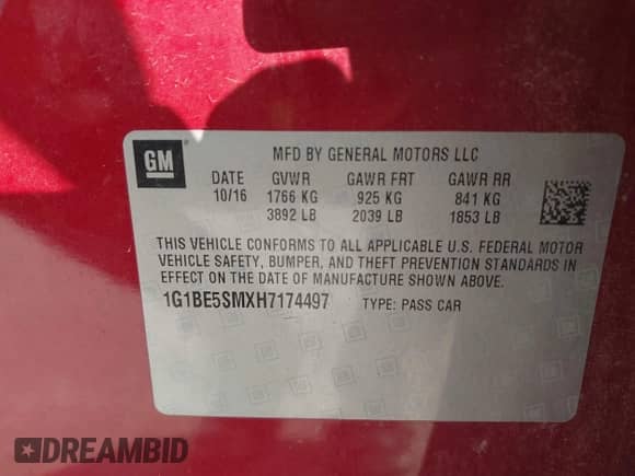 2017 Chevrolet Cruze LT z VIN 1G1BE5SMXH7174497, wystawiony jako IAAI lot #42873564 z przebiegiem 116 704 mil mil oraz . Historia ofert i sprzedaży dostępna na DreamBid. Obrazek 9.