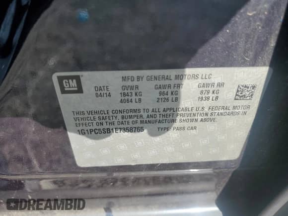 2014 Chevrolet Cruze 1LT with VIN 1G1PC5SB1E7358765, listed as a Copart auction lot 71126855 with 129,755 mi miles and Clean title. Bid and sale history available at DreamBid. Image 12.