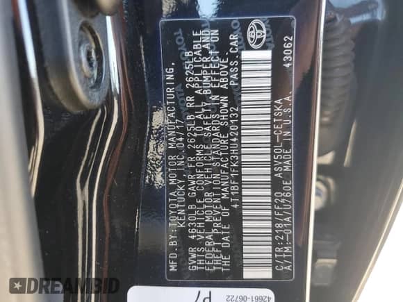 2017 Toyota Camry SE with VIN 4T1BF1FK3HU420132, listed as a Copart auction lot 86868765 with 128,140 mi miles and Salvage title. Bid and sale history available at DreamBid. Image 12.