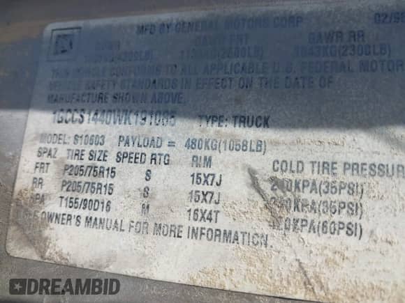 1998 Chevrolet S-10 LS с VIN 1GCCS1440WK191085, выставлен на аукционе IAAI как лот 41918144 с пробегом 428 168 миль миль и . История ставок и продаж доступна на DreamBid. Изображение 9.