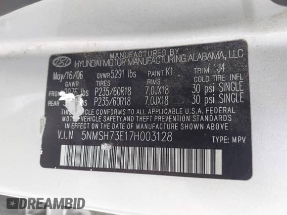 2007 Hyundai Santa Fe SE with VIN 5NMSH73E17H003128, listed as a IAAI auction lot 43151829 with 118,477 mi miles and . Bid and sale history available at DreamBid. Image 9.