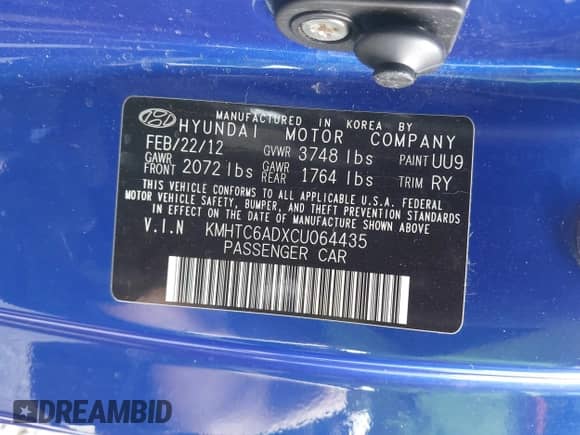 2012 Hyundai Veloster w/Black Int z VIN KMHTC6ADXCU064435, wystawiony jako IAAI lot #43200428 z przebiegiem 49 230 mil mil oraz . Historia ofert i sprzedaży dostępna na DreamBid. Obrazek 9.