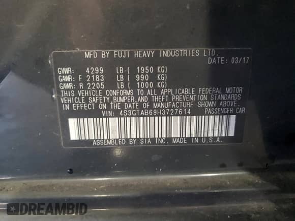 2017 Subaru Impreza Premium with VIN 4S3GTAB69H3727614, listed as a Copart auction lot 87101255 with 148,939 mi miles and Salvage title. Bid and sale history available at DreamBid. Image 12.