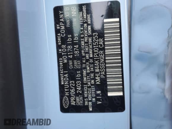 2023 Hyundai Elantra с VIN KMHLW4AK1PU015253, выставлен на аукционе Copart как лот 64327325 с пробегом 27 212 миль миль и Списание • Salvage title. История ставок и продаж доступна на DreamBid. Изображение 12.