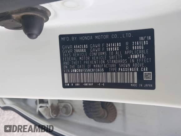 2017 Honda Accord EX-L with VIN JHMCR6F55HC013635, listed as a IAAI auction lot 42681520 with 117,215 mi miles and . Bid and sale history available at DreamBid. Image 9.