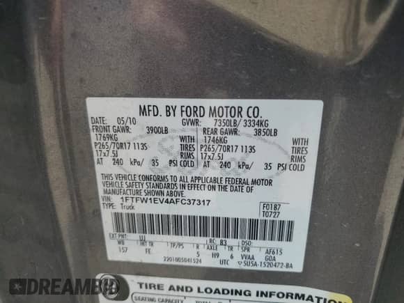 2010 Ford F-150 XL с VIN 1FTFW1EV4AFC37317, выставлен на аукционе Copart как лот 71120305 с пробегом 264 615 миль миль и Чистый • Clean title. История ставок и продаж доступна на DreamBid. Изображение 12.