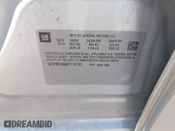 2015 Chevrolet Cruze LS with VIN 1G1PB5SH9F7118761, listed as a IAAI auction lot 42252338 with 107,981 mi miles and . Bid and sale history available at DreamBid. Image 9.