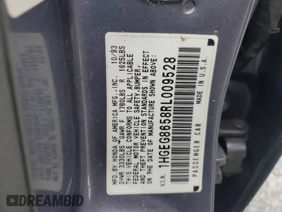 1994 Honda Civic with VIN 1HGEG8658RL009528, listed as a Copart auction lot 70803805 with 195,525 mi miles and Salvage title. Bid and sale history available at DreamBid. Image 12.