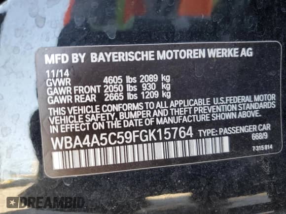2015 BMW 4 Series 428i with VIN WBA4A5C59FGK15764, listed as a Copart auction lot 80914575 with 113,055 mi miles and Salvage title. Bid and sale history available at DreamBid. Image 13.