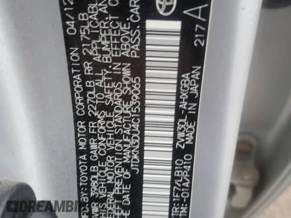 2012 Toyota Prius Three with VIN JTDKN3DU4C1539065, listed as a Copart auction lot 81664585 with 90,338 mi miles and Salvage title. Bid and sale history available at DreamBid. Image 12.