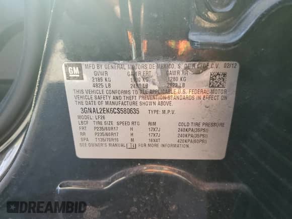 2012 Chevrolet Captiva Sport LS с VIN 3GNAL2EK6CS580635, выставлен на аукционе Copart как лот 66310915 с пробегом Не указан миль и Списание • Salvage title. История ставок и продаж доступна на DreamBid. Изображение 13.