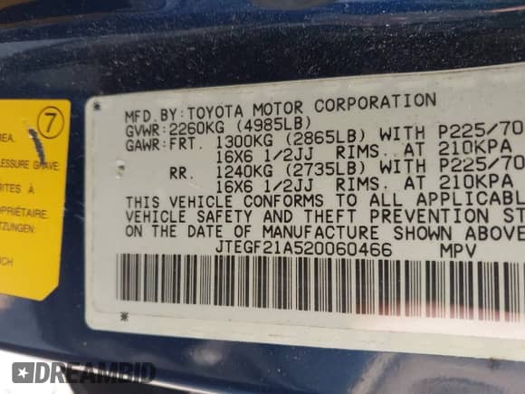 2002 Toyota Highlander with VIN JTEGF21A520060466, listed as a IAAI auction lot 43226787 with 219,462 mi miles and . Bid and sale history available at DreamBid. Image 9.