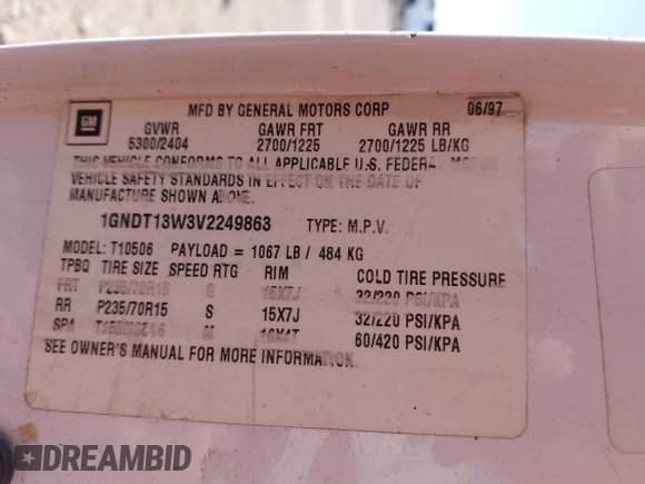 1997 Chevrolet Blazer LS z VIN 1GNDT13W3V2249863, wystawiony jako IAAI lot #41987154 z przebiegiem 249 961 mil mil oraz . Historia ofert i sprzedaży dostępna na DreamBid. Obrazek 9.