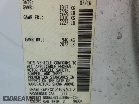 2016 Nissan Altima SR with VIN 1N4AL3AP2GC265512, listed as a Copart auction lot 84906895 with 196,243 mi miles and Salvage title. Bid and sale history available at DreamBid. Image 13.