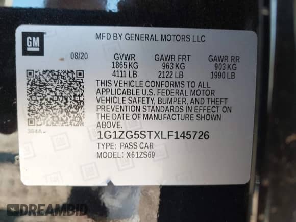 2020 Chevrolet Malibu RS with VIN 1G1ZG5STXLF145726, listed as a IAAI auction lot 43083676 with 85,180 mi miles and . Bid and sale history available at DreamBid. Image 9.