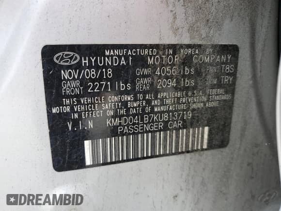 2019 Hyundai Elantra Sport с VIN KMHD04LB7KU813719, выставлен на аукционе Copart как лот 82560135 с пробегом Не указан миль и Чистый • Clean title. История ставок и продаж доступна на DreamBid. Изображение 12.