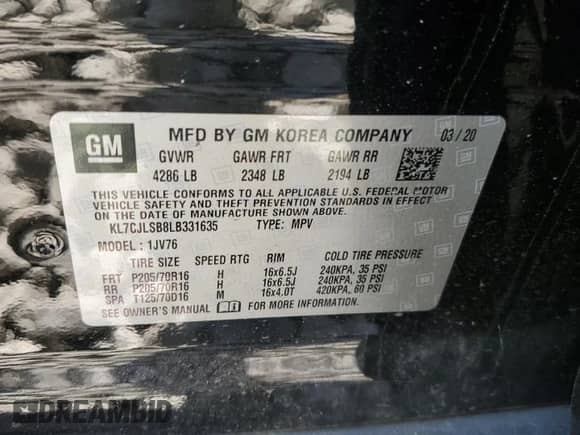 2020 Chevrolet Trax LT с VIN KL7CJLSB8LB331635, выставлен на аукционе Copart как лот 70283675 с пробегом 40 311 миль миль и Списание • Salvage title. История ставок и продаж доступна на DreamBid. Изображение 13.