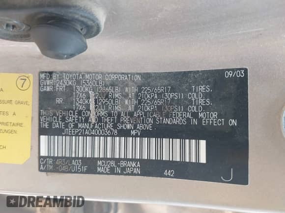 2004 Toyota Highlander с VIN JTEEP21A040003678, выставлен на аукционе IAAI как лот 42899543 с пробегом 297 138 миль миль и . История ставок и продаж доступна на DreamBid. Изображение 9.