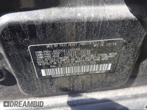 2014 Subaru Impreza Premium with VIN JF1GPAD65E8281788, listed as a IAAI auction lot 43148025 with 143,266 mi miles and . Bid and sale history available at DreamBid. Image 9.