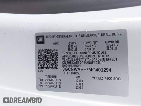2021 Chevrolet Silverado 1500 Work Truck with VIN 3GCNWAEF7MG401294, listed as a IAAI auction lot 41360883 with 38,507 mi miles and . Bid and sale history available at DreamBid. Image 9.