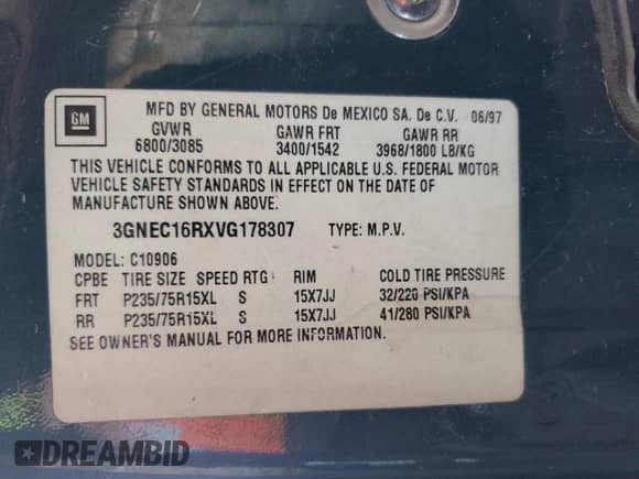 1997 Chevrolet Suburban z VIN 3GNEC16RXVG178307, wystawiony jako Copart lot #48878935 z przebiegiem 179 717 mil mil oraz Szkoda całkowita • Salvage title. Historia ofert i sprzedaży dostępna na DreamBid. Obrazek 15.