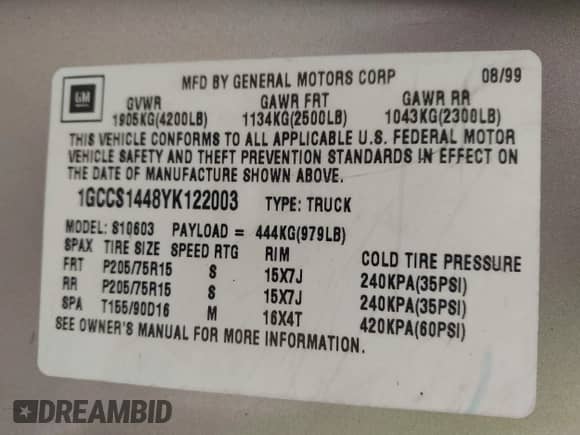 2000 Chevrolet S-10 with VIN 1GCCS1448YK122003, listed as a IAAI auction lot 42059702 with 238,279 mi miles and . Bid and sale history available at DreamBid. Image 9.