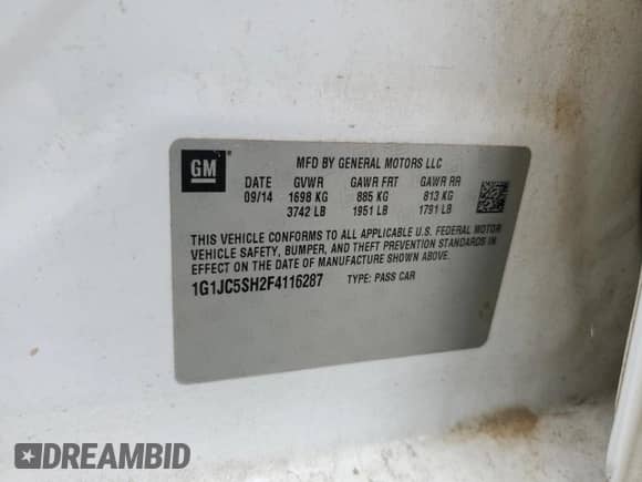 2015 Chevrolet Sonic LT с VIN 1G1JC5SH2F4116287, выставлен на аукционе Copart как лот 65224635 с пробегом 188 523 миль миль и Списание • Salvage title. История ставок и продаж доступна на DreamBid. Изображение 12.