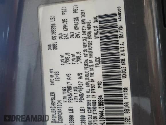 2004 Dodge 1500 ST z VIN 1D7HU16N44J199804, wystawiony jako Copart lot #46985995 z przebiegiem 100 048 mil mil oraz Szkoda całkowita • Salvage title. Historia ofert i sprzedaży dostępna na DreamBid. Obrazek 12.