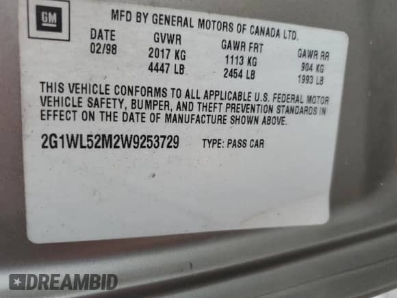 1998 Chevrolet Lumina с VIN 2G1WL52M2W9253729, выставлен на аукционе Copart как лот 77734764 с пробегом 124 320 миль миль и Списание • Salvage title. История ставок и продаж доступна на DreamBid. Изображение 12.