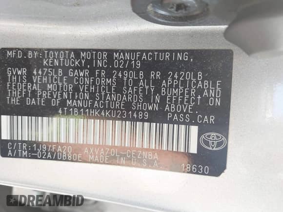 2019 Toyota Camry LE с VIN 4T1B11HK4KU231489, выставлен на аукционе IAAI как лот 43294900 с пробегом 223 226 миль миль и . История ставок и продаж доступна на DreamBid. Изображение 9.