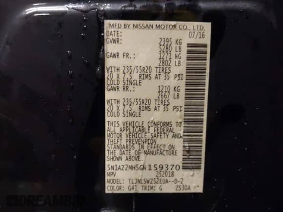 2016 Nissan Murano Platinum with VIN 5N1AZ2MH5GN159370, listed as a IAAI auction lot 41304633 with 89,580 mi miles and . Bid and sale history available at DreamBid. Image 9.