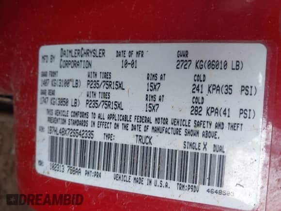 2002 Dodge Dakota SLT with VIN 1B7HL48X72S542335, listed as a IAAI auction lot 43320738 with 239,957 mi miles and . Bid and sale history available at DreamBid. Image 9.