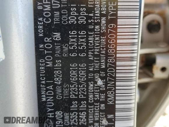 2008 Hyundai Tucson SE с VIN KM8JN72D78U866079, выставлен на аукционе Copart как лот 71360015 с пробегом 172 252 миль миль и Списание • Salvage title. История ставок и продаж доступна на DreamBid. Изображение 13.