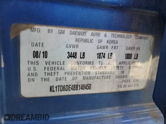 2011 Chevrolet Aveo 1LT z VIN KL1TD6DE4BB140450, wystawiony jako Copart lot #76078794 z przebiegiem Nie podano mil oraz Szkoda całkowita • Salvage title. Historia ofert i sprzedaży dostępna na DreamBid. Obrazek 14.