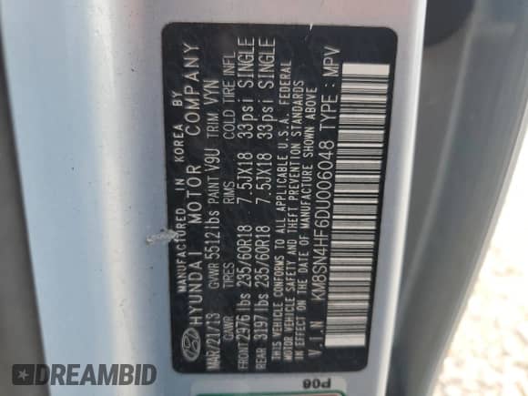 2013 Hyundai Santa Fe GLS с VIN KM8SN4HF6DU006048, выставлен на аукционе Copart как лот 89645795 с пробегом 80 261 миль миль и Списание • Salvage title. История ставок и продаж доступна на DreamBid. Изображение 13.