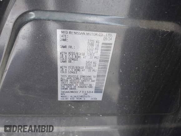 2014 Nissan Pathfinder Platinum с VIN 5N1AR2MN3EC731504, выставлен на аукционе IAAI как лот 42527433 с пробегом 179 225 миль миль и . История ставок и продаж доступна на DreamBid. Изображение 9.