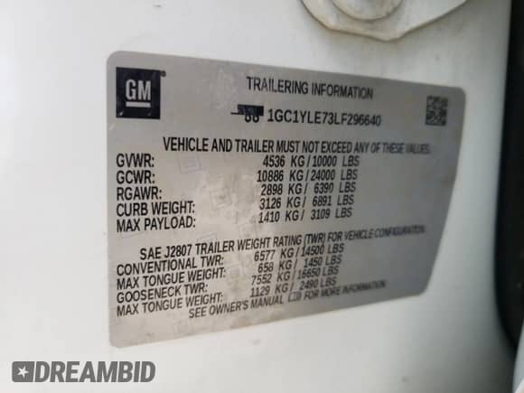 2020 Chevrolet Silverado 2500HD Work Truck z VIN 1GC1YLE73LF296640, wystawiony jako Copart lot #62706965 z przebiegiem Nie podano mil oraz Nie do naprawy • Non repairable. Historia ofert i sprzedaży dostępna na DreamBid. Obrazek 12.