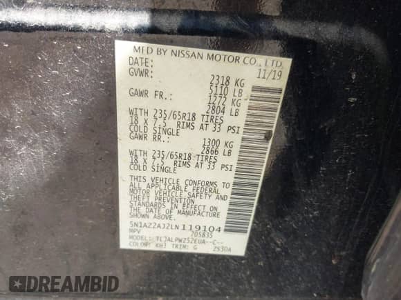 2020 Nissan Murano S with VIN 5N1AZ2AJ2LN119104, listed as a IAAI auction lot 42502921 with 93,790 mi miles and . Bid and sale history available at DreamBid. Image 9.