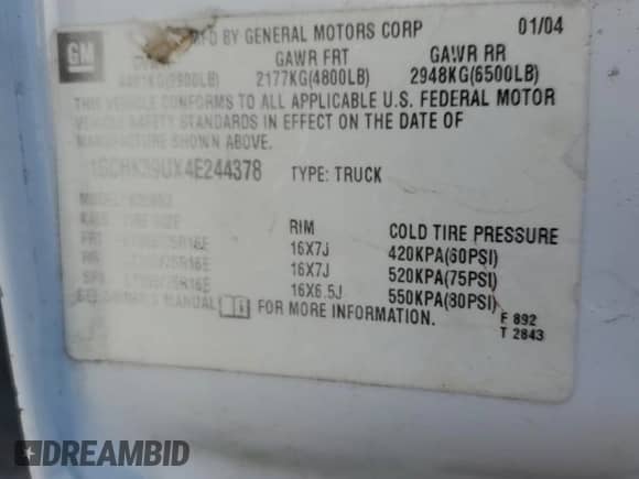 2004 Chevrolet Silverado 3500 с VIN 1GCHK39UX4E244378, выставлен на аукционе Copart как лот 72376543 с пробегом 240 270 миль миль и Списание • Salvage title. История ставок и продаж доступна на DreamBid. Изображение 12.