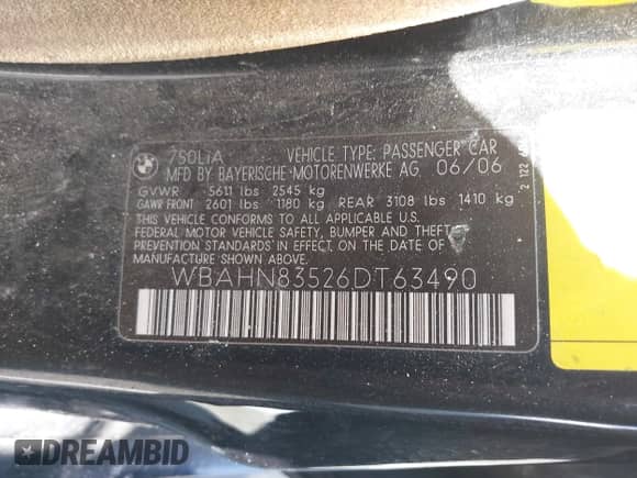 2006 BMW 7 Series 750Li z VIN WBAHN83526DT63490, wystawiony jako IAAI lot #42624790 z przebiegiem 146 508 mil mil oraz . Historia ofert i sprzedaży dostępna na DreamBid. Obrazek 9.
